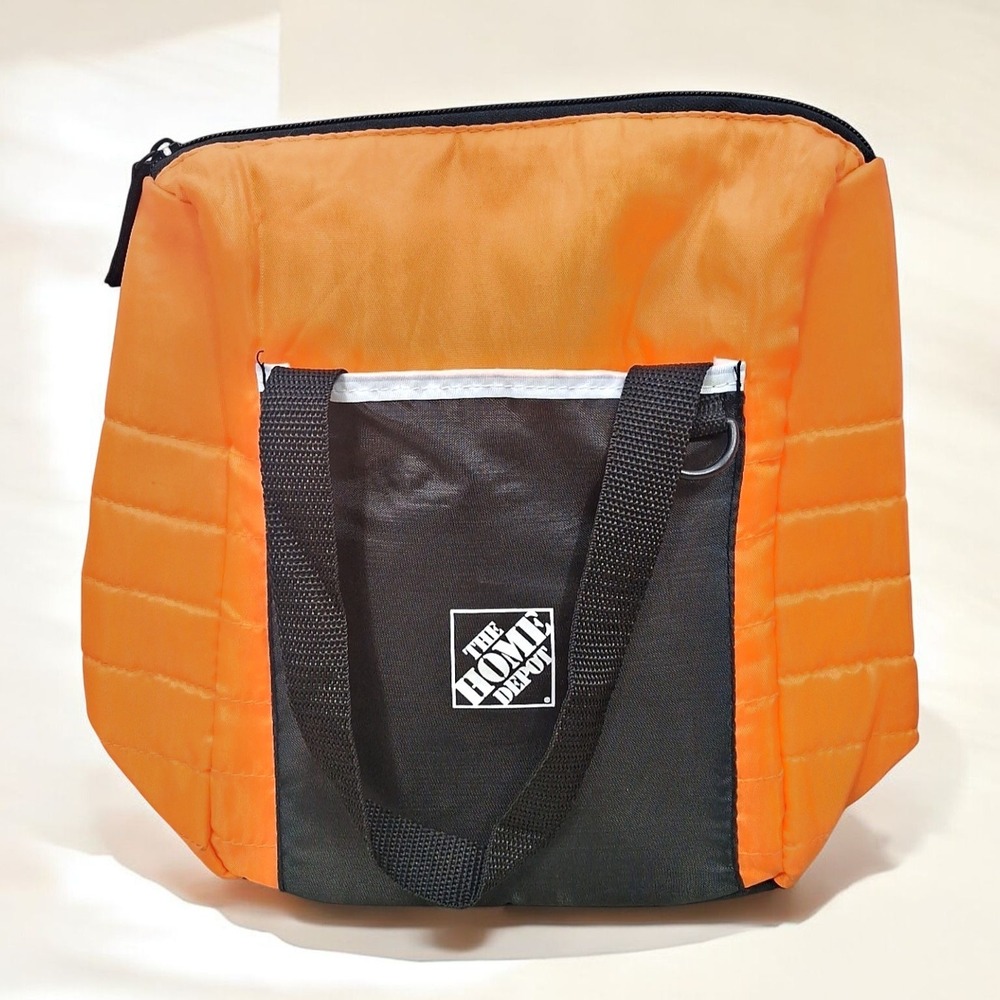 Home Depot Orange Black Zippered Lunch Tote Bag Front Pocket Handles D-Ring